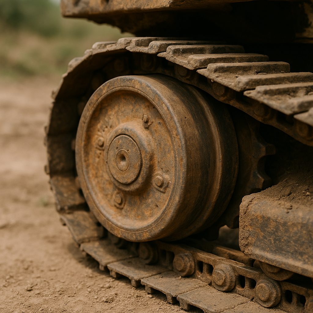 Close-up of a worn excavator idler wheel with visible rust and dirt in a construction site setting.