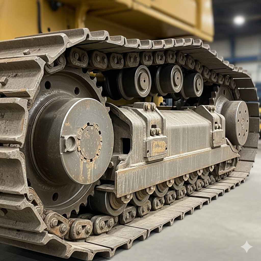 A complete assembly of undercarriage parts for bulldozers, including track chains, rollers, and sprockets.