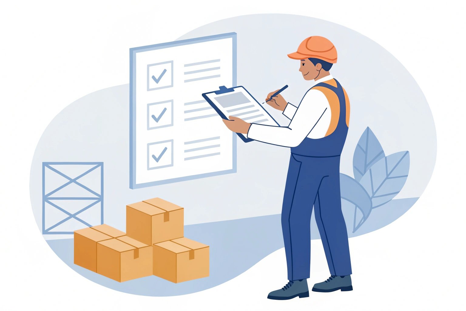 Worker checks inventory list with boxes, in an organized setting (≤15 words)