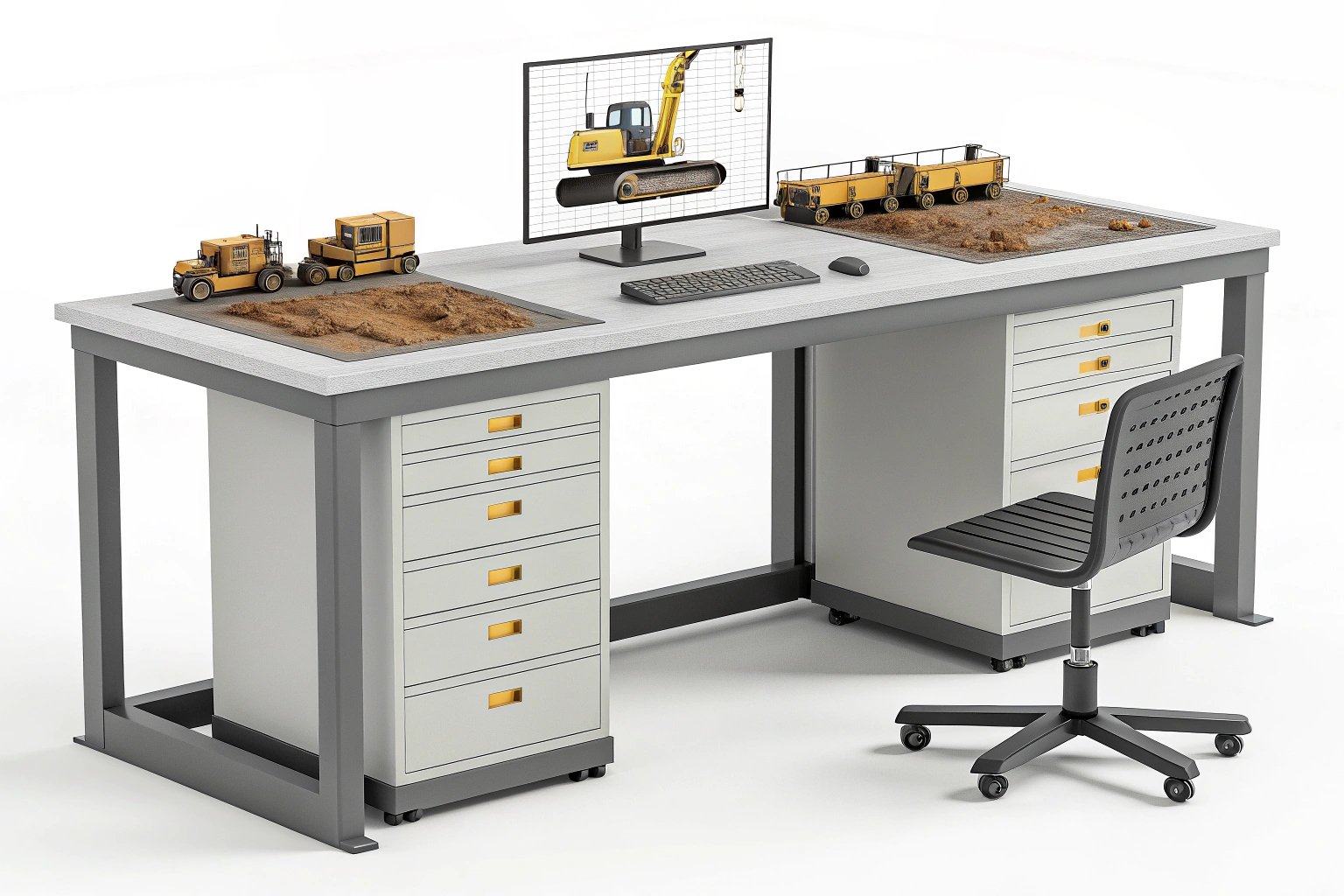 Office desk with miniature construction models and computer in workspace