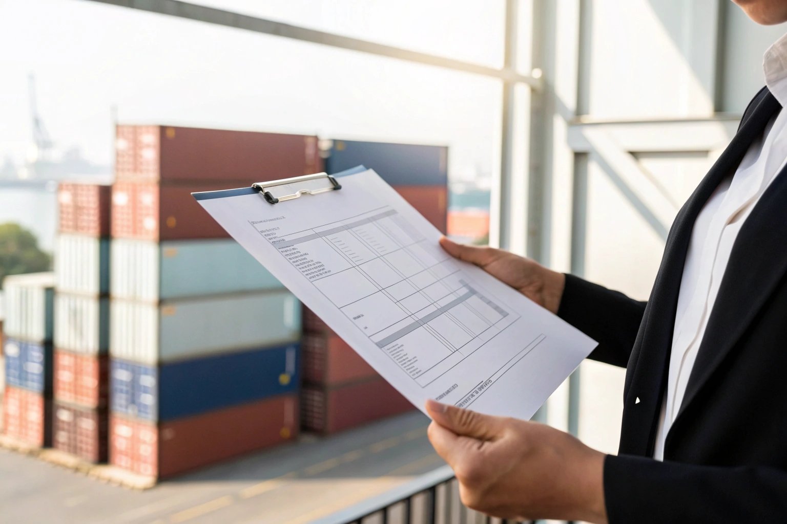 Person examining shipping document near port containers