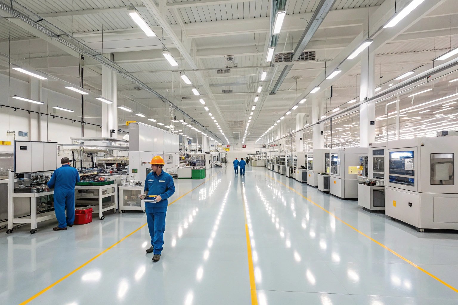 Automated manufacturing facility with workers inspecting machinery