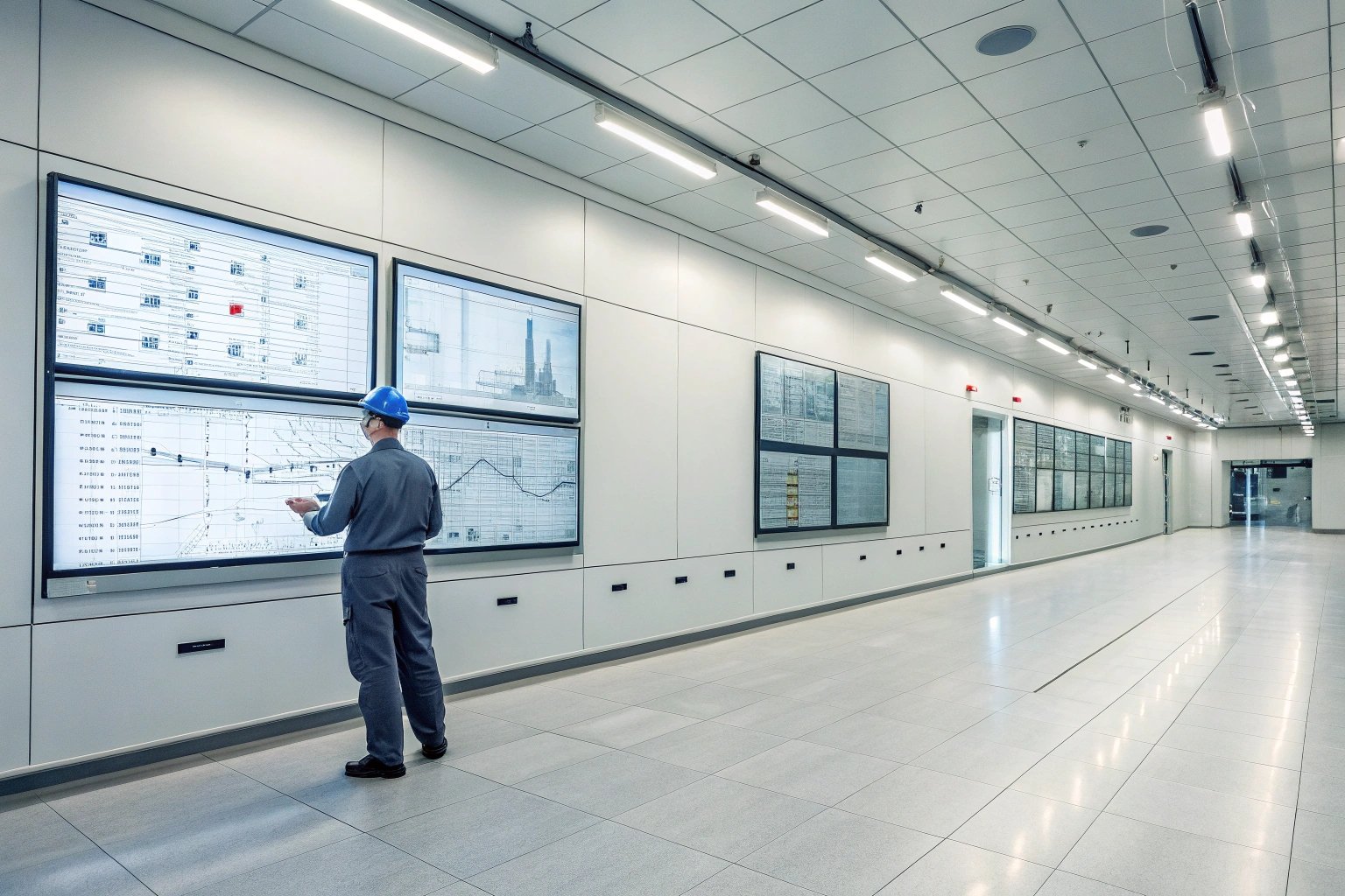 Engineer in control center reviewing industrial data on large screens