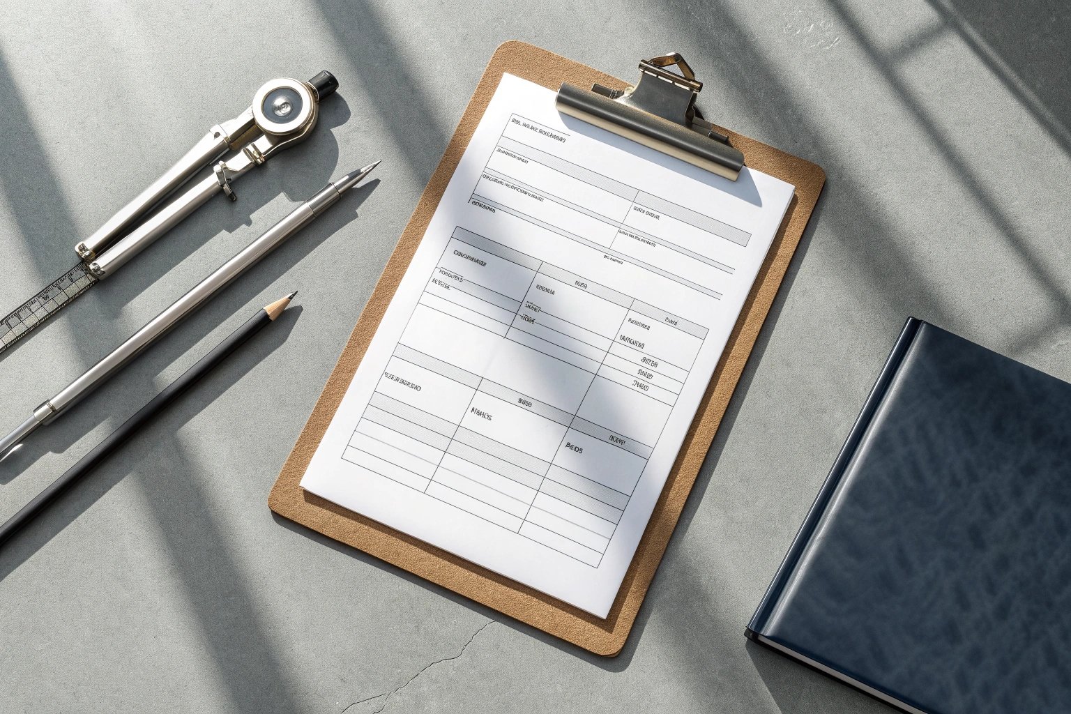 Architectural drafting tools with clipboard on desk