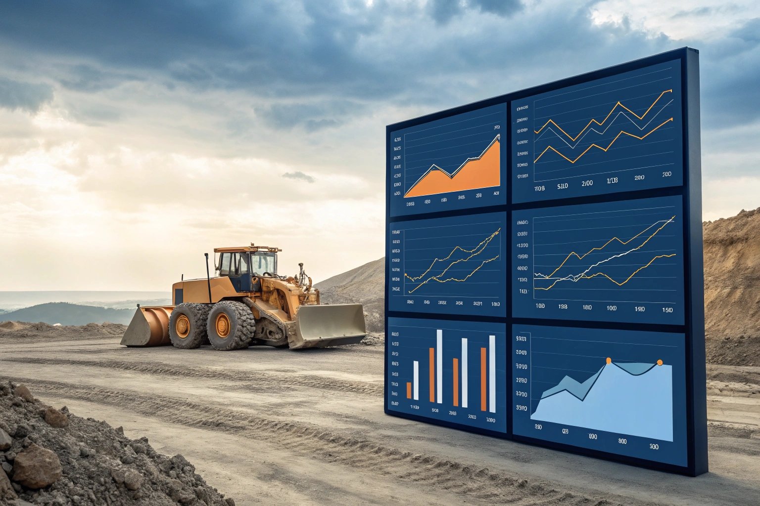Construction site with large display showing performance graphs