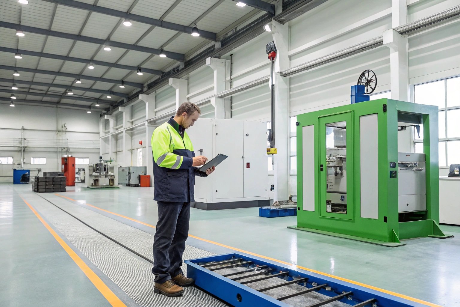 Operator reviewing factory equipment with digital tablet