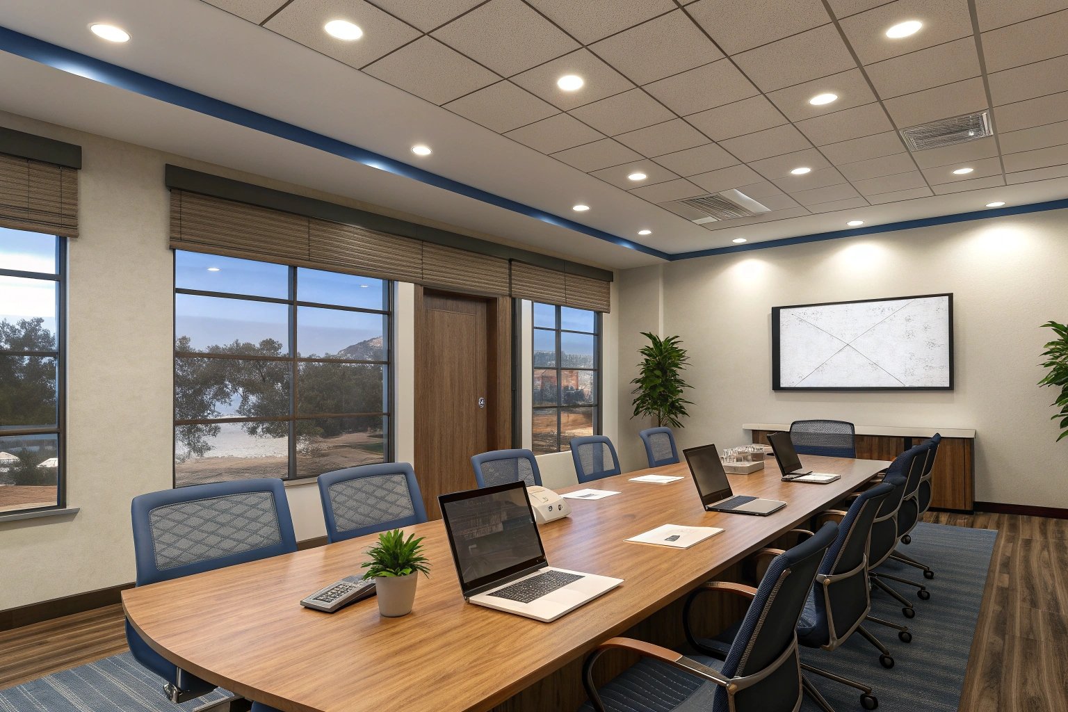 Modern conference room with laptops and large table