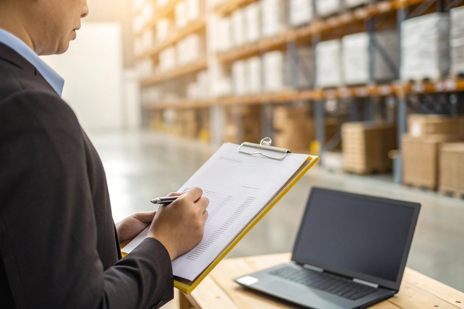 Person checking inventory list against warehouse stock on clipboard