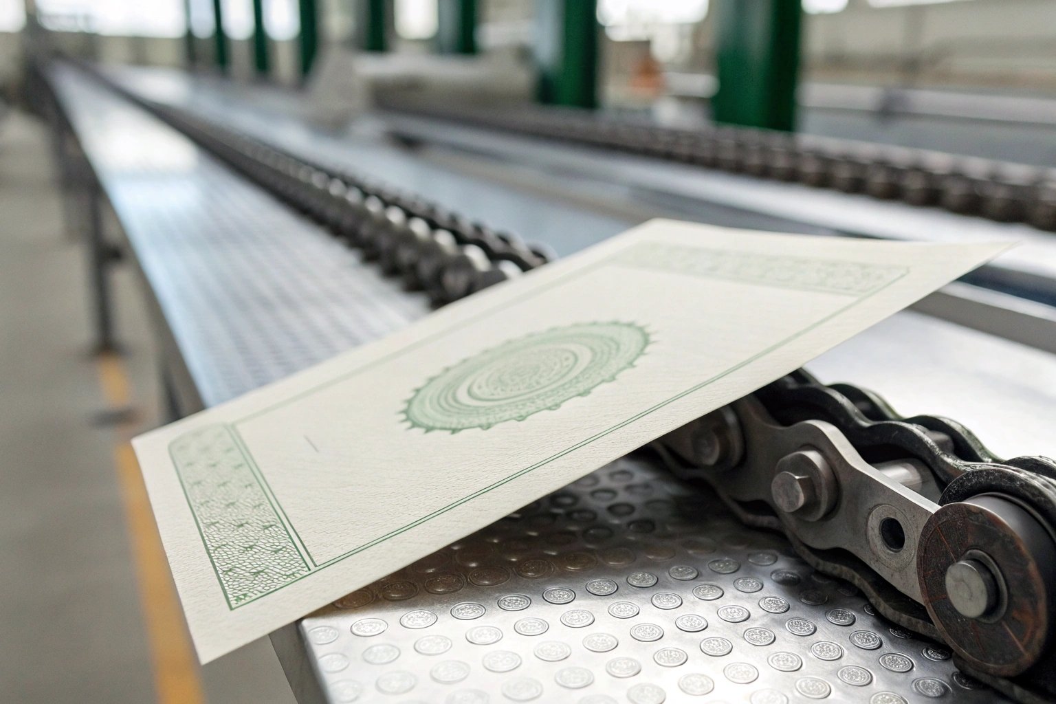 Certificate placed on industrial chain-driven conveyor belt