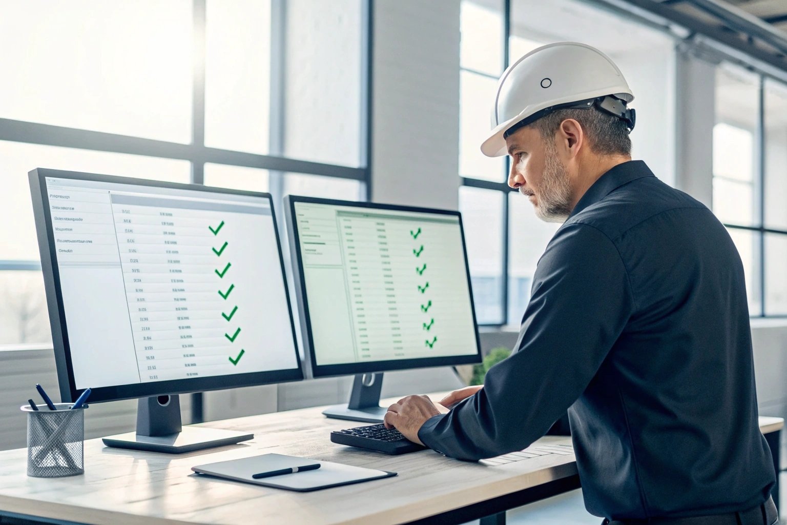 Supervisor tracking project progress on dual screens