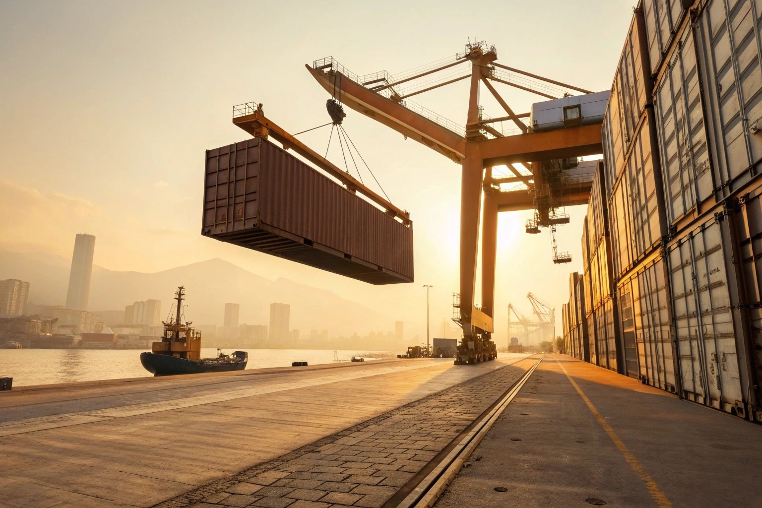 Cargo crane lifting container at sunset