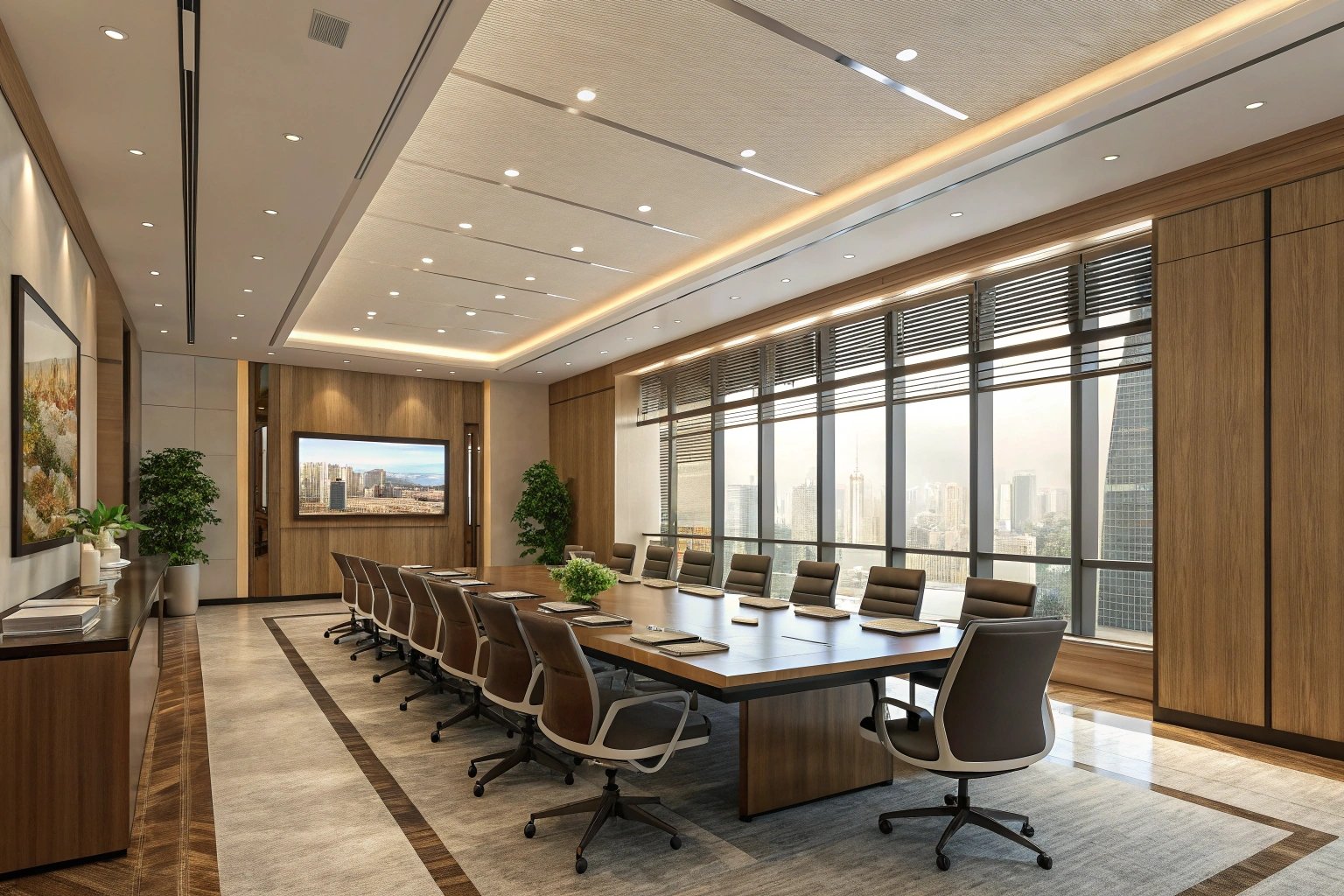 Elegant boardroom with conference seating and city view