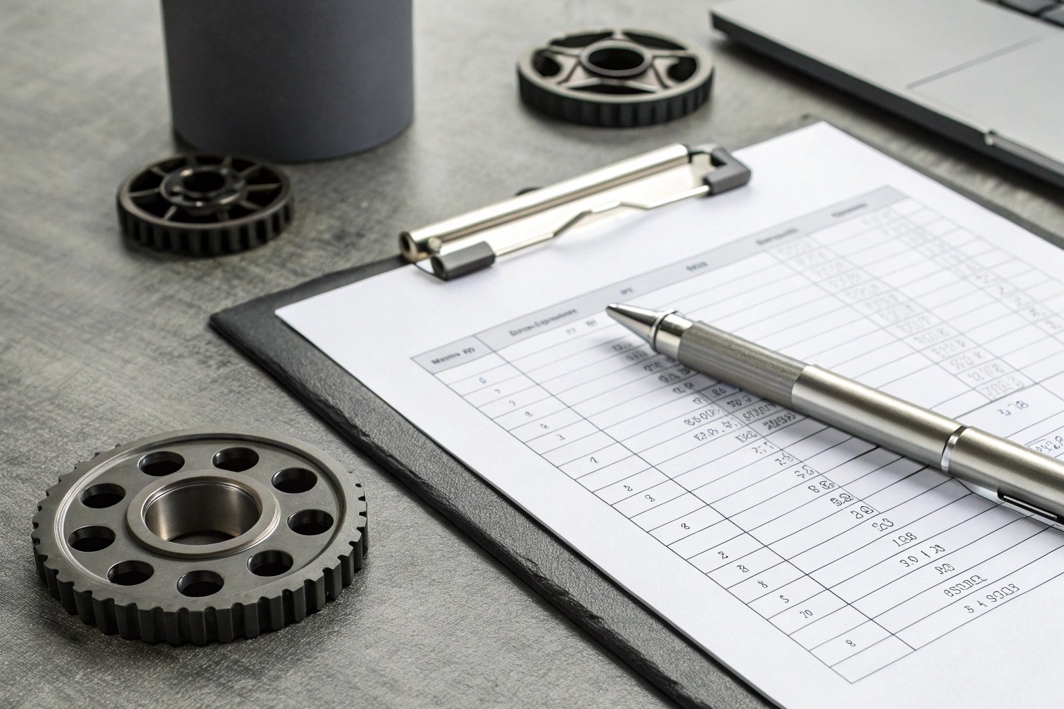 Clipboard, pen, and gears on industrial desk