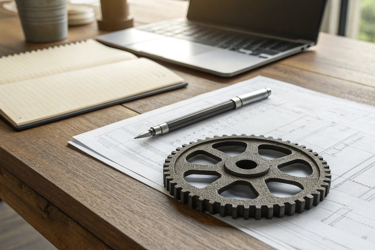 Engineering workspace with schematic papers and gear