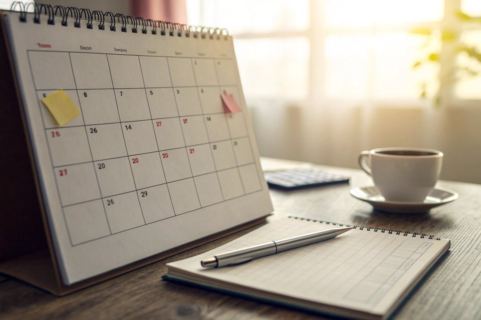 Desk calendar with notes beside coffee cup