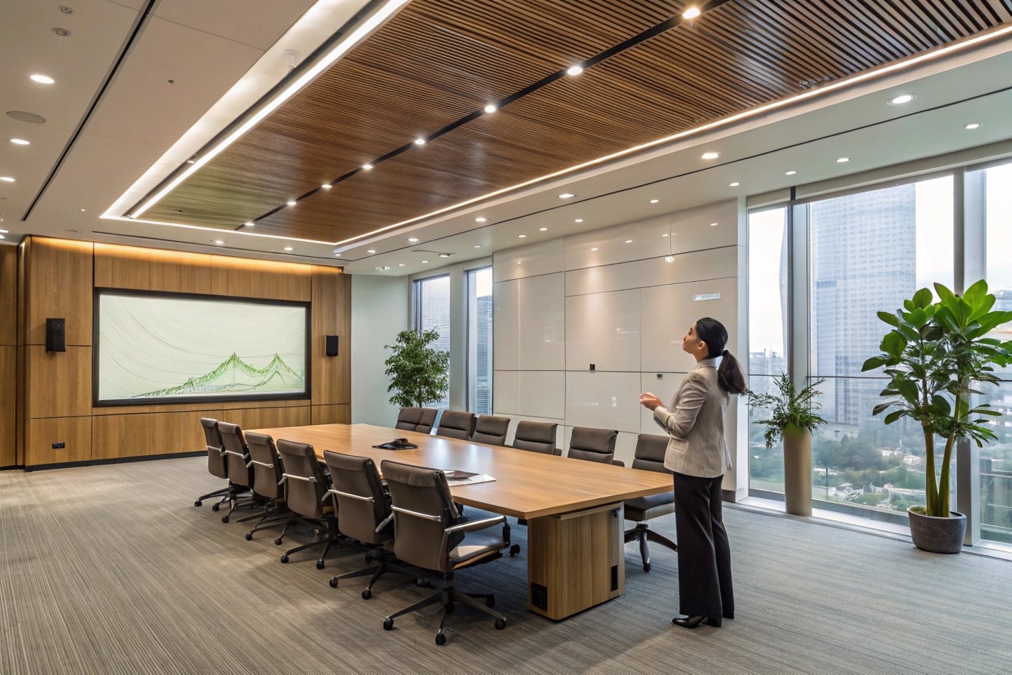 Woman in modern conference room discussing presentation