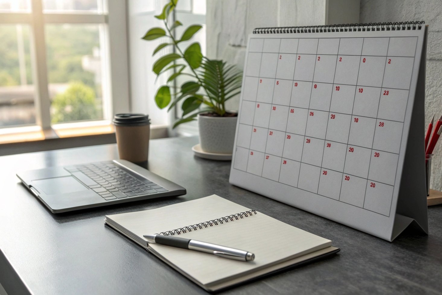 Organized desk with calendar, plant, and laptop
