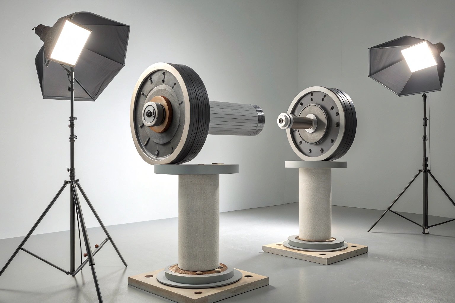 Photography studio setup with large mechanical components for product showcase