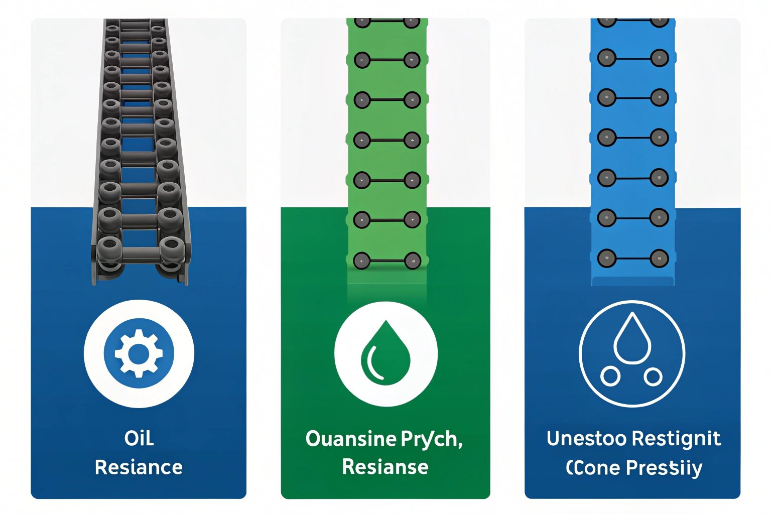 Close-up of an industrial roller chain on a conveyor system in a modern factory