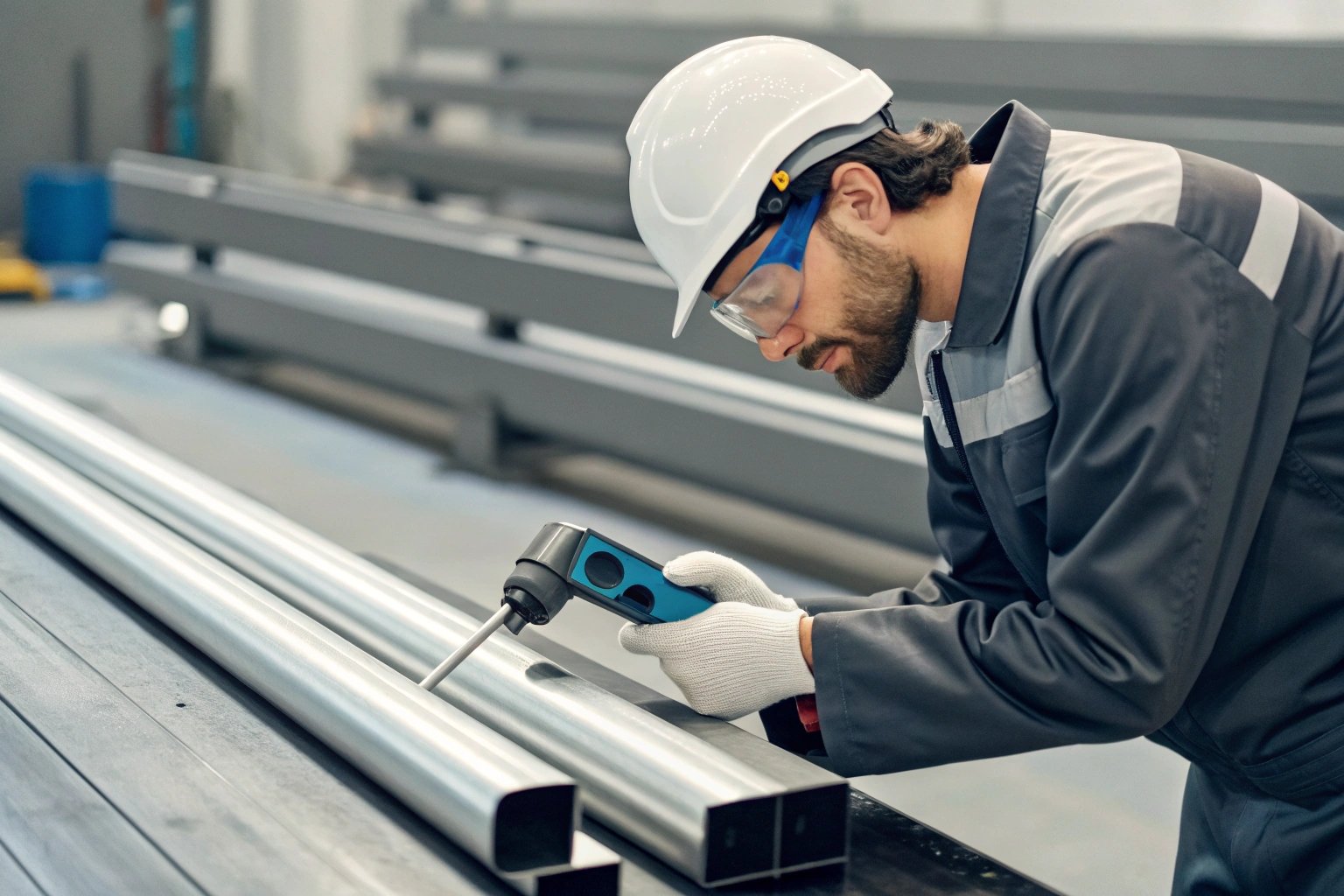 Inspector evaluating metal tubes with measurement device in factory