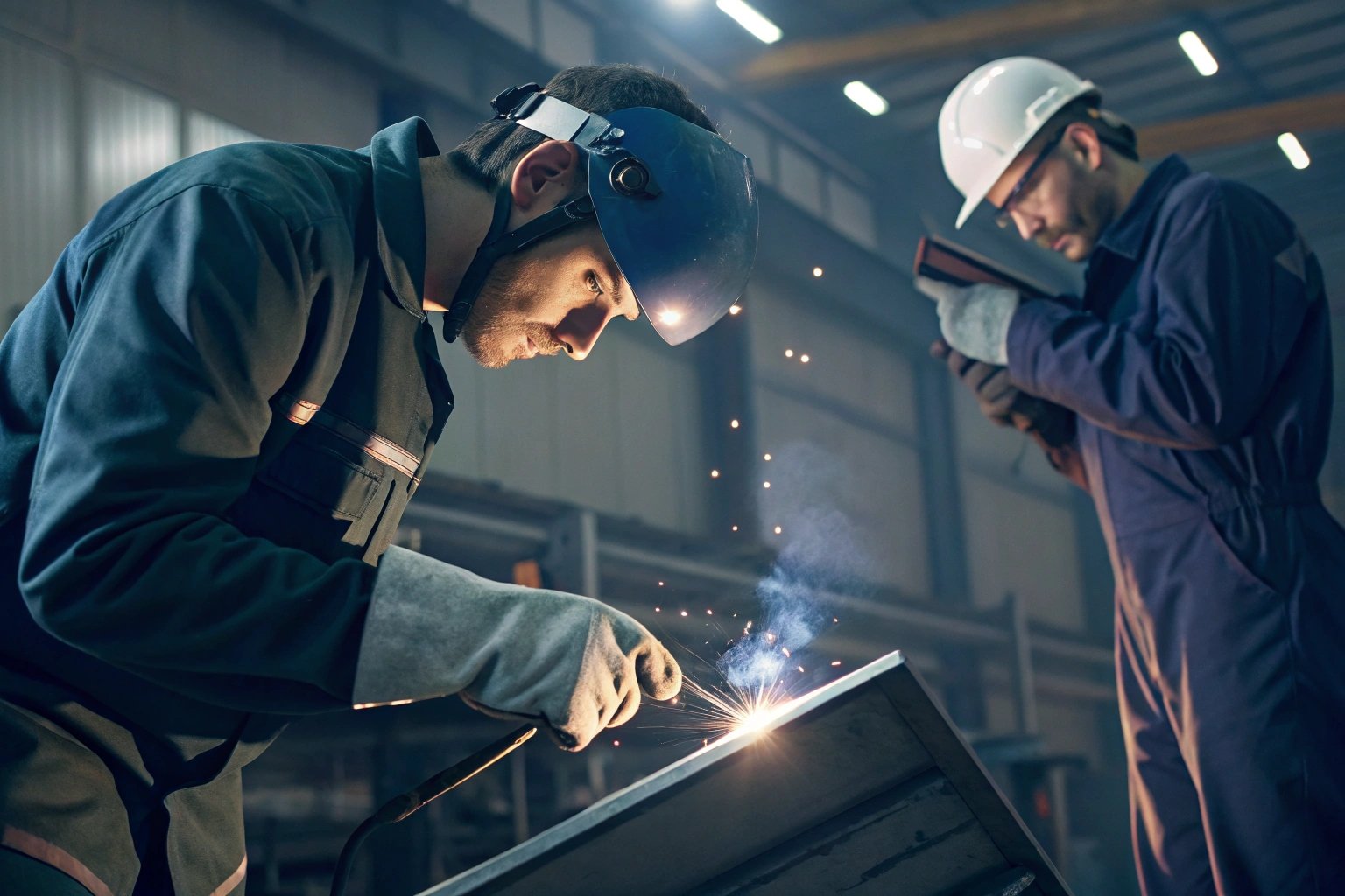 Two workers welding in a factory, focusing on precision (≤15 words)