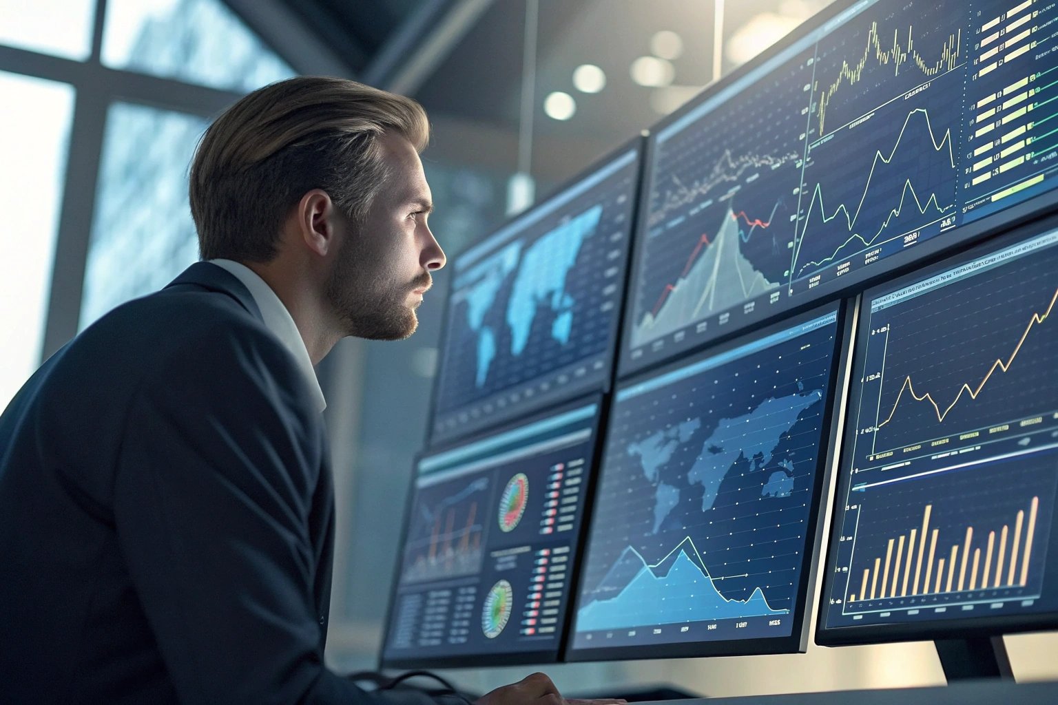 Professional analyzing data on multiple screens in office