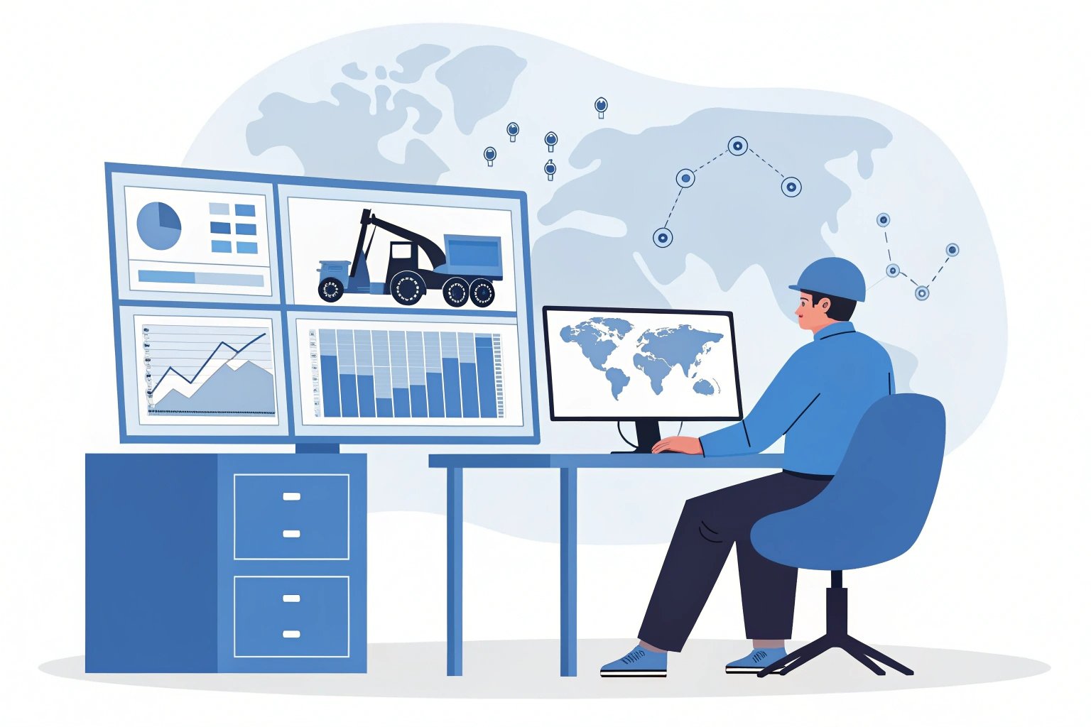 Illustration of worker monitoring global logistics on multiple screens