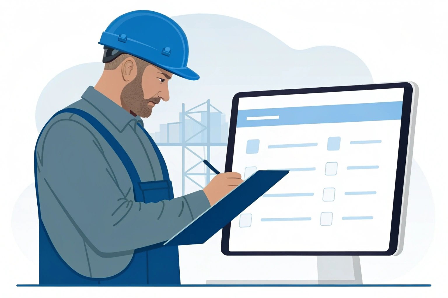 Illustration of worker with checklist in digital factory environment