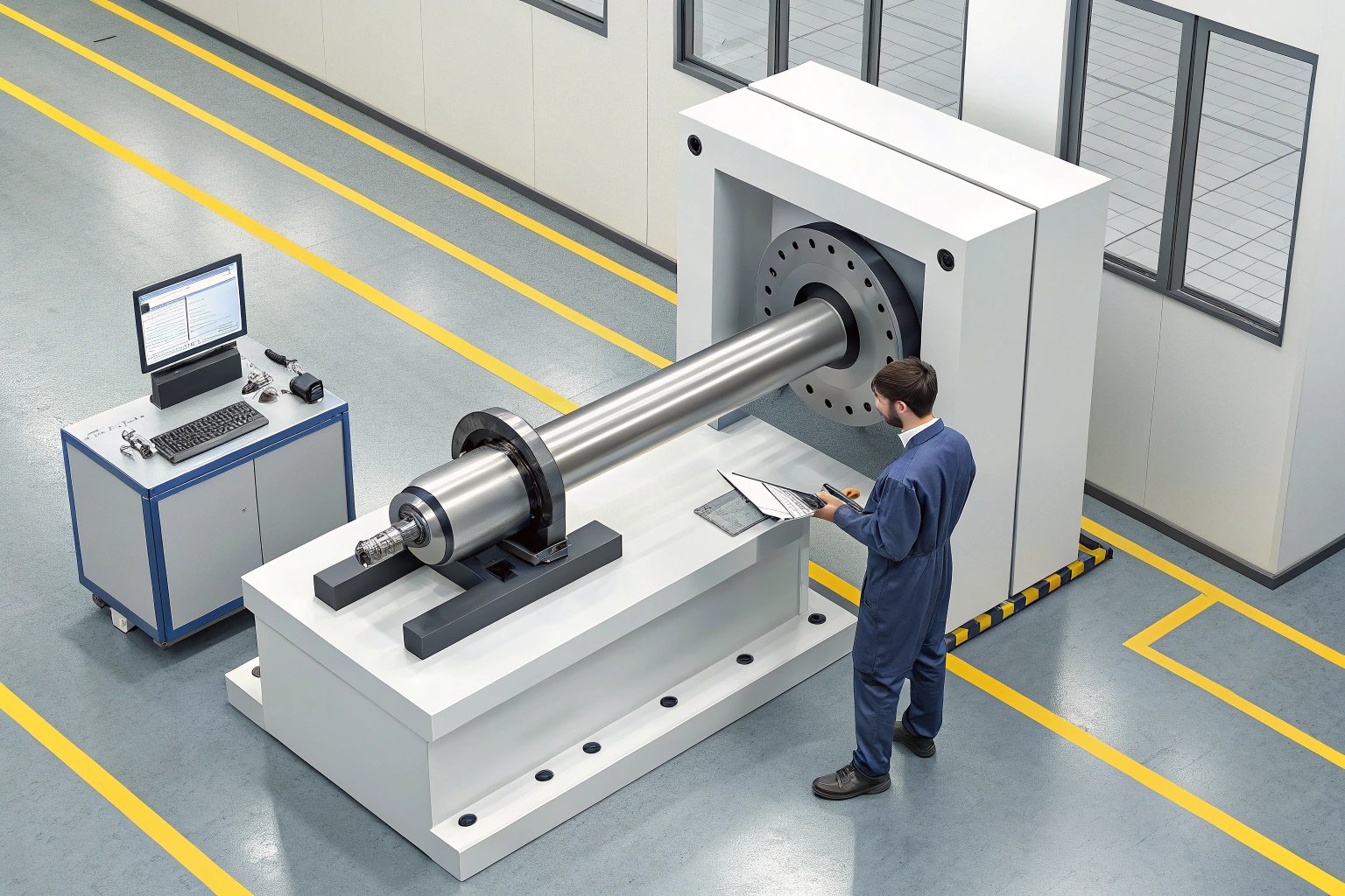 Operator evaluating equipment in testing lab environment