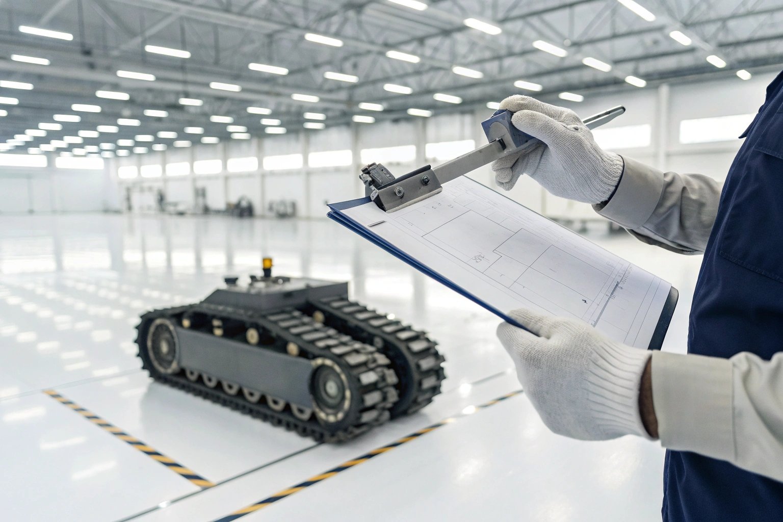 Quality control inspector in hard hat examining the tracks of heavy industrial machinery.