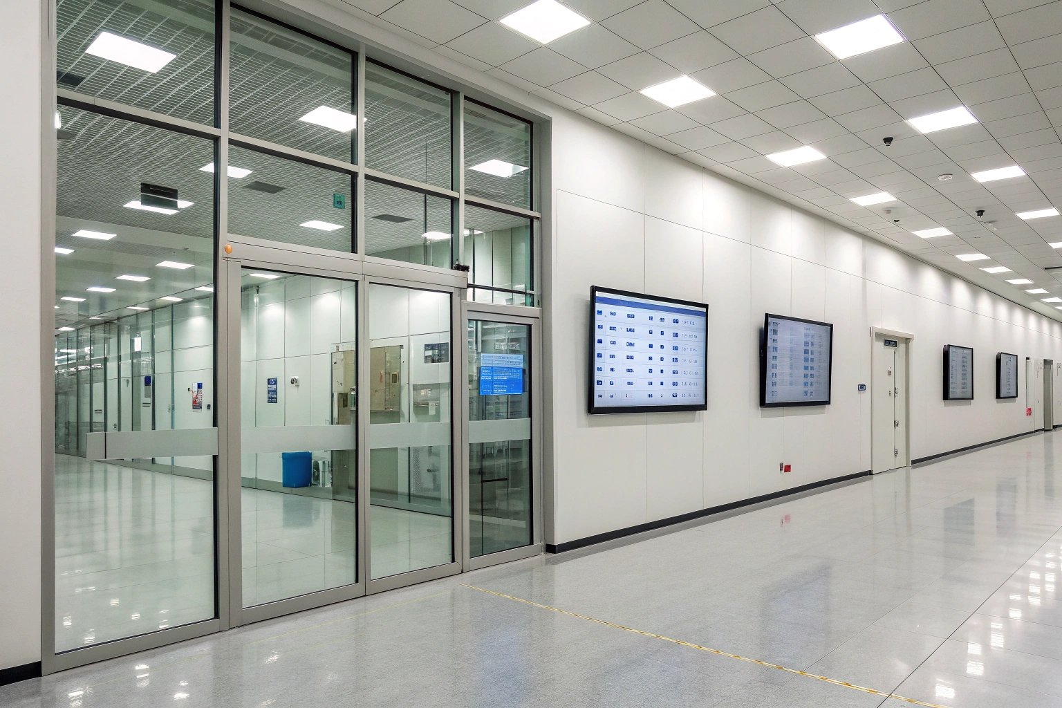 Modern corridor with digital screens displaying industrial data