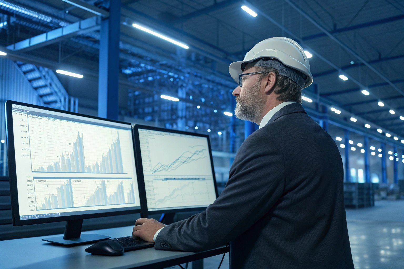 Data analyst examining graphs in manufacturing plant