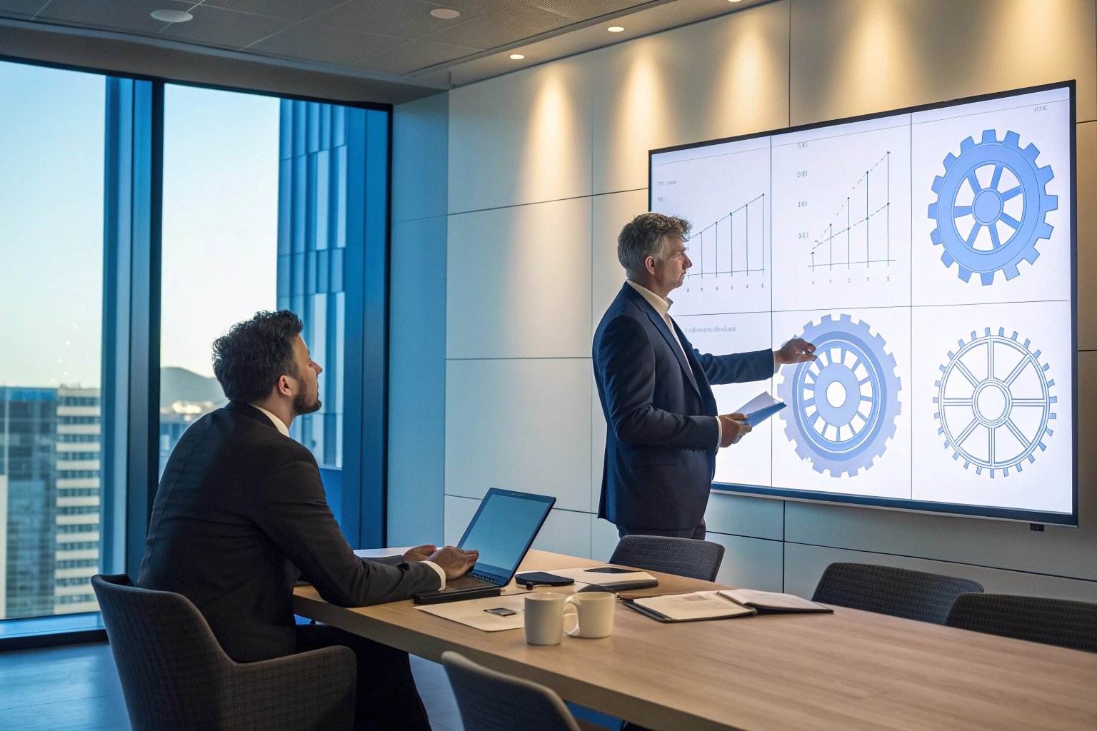 Business meeting with gear performance charts