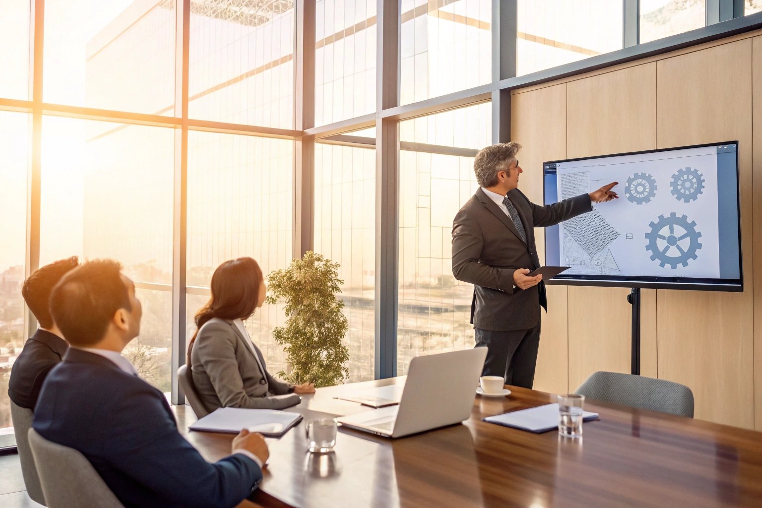 Business presentation on gear systems in conference room
