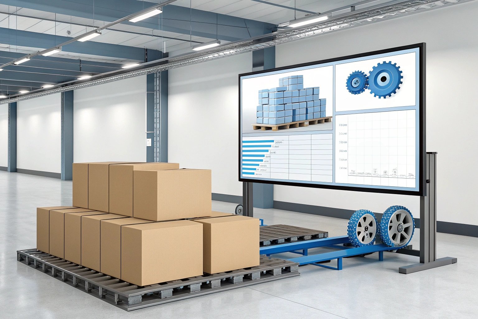 Boxes on pallet with charts and data display