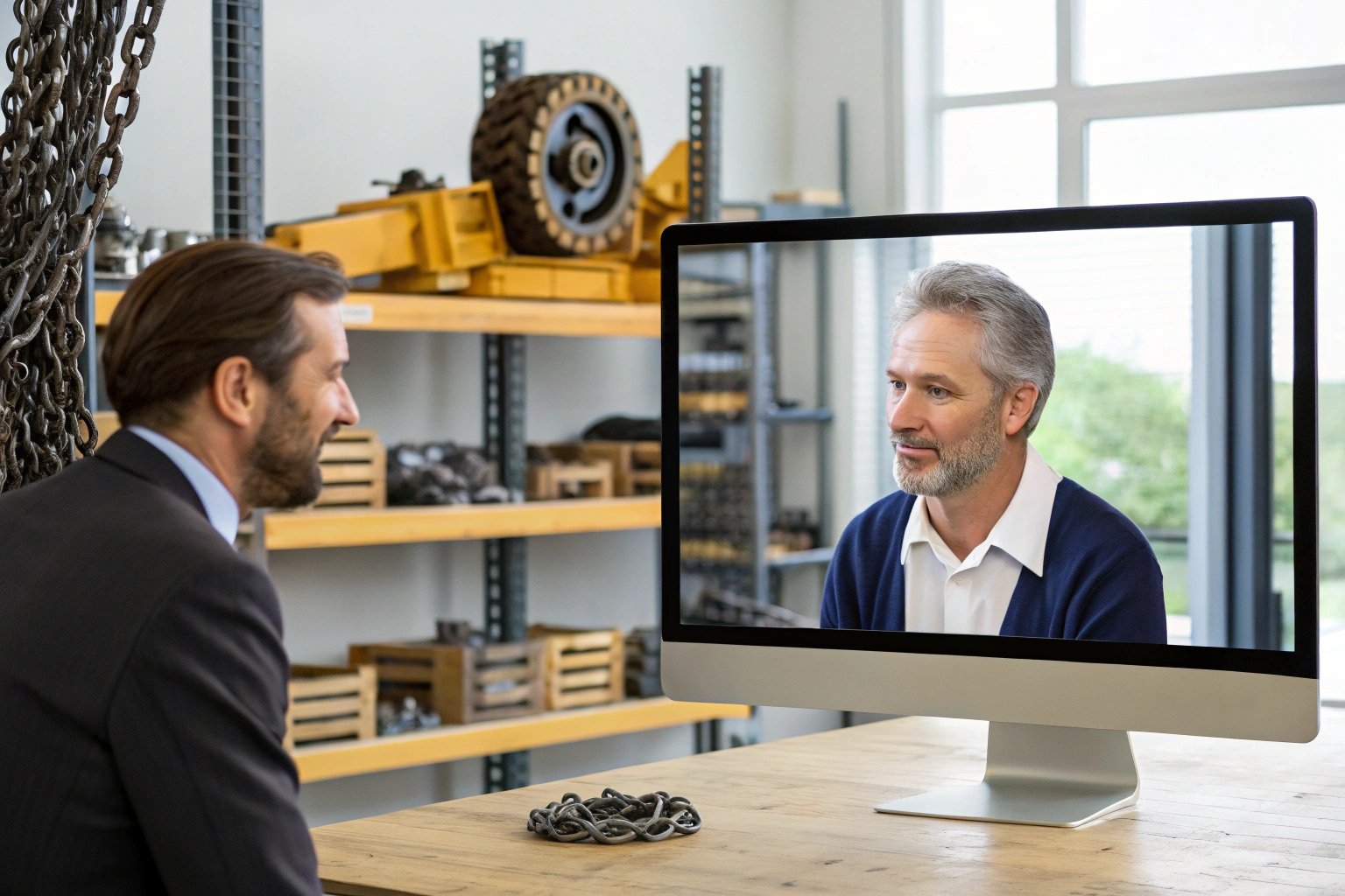 Virtual meeting via desktop in industrial office setting