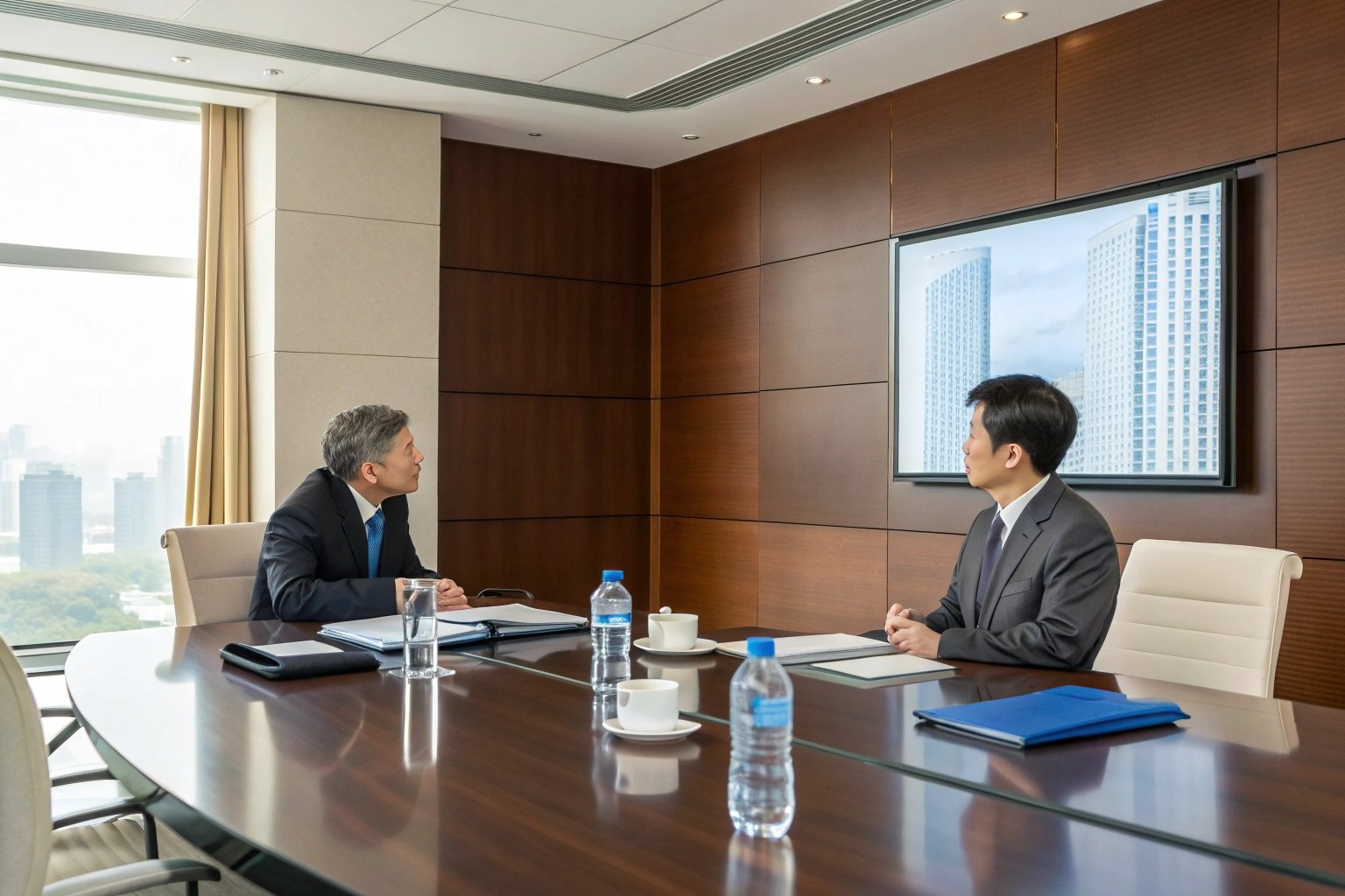 Two business professionals discussing in a boardroom