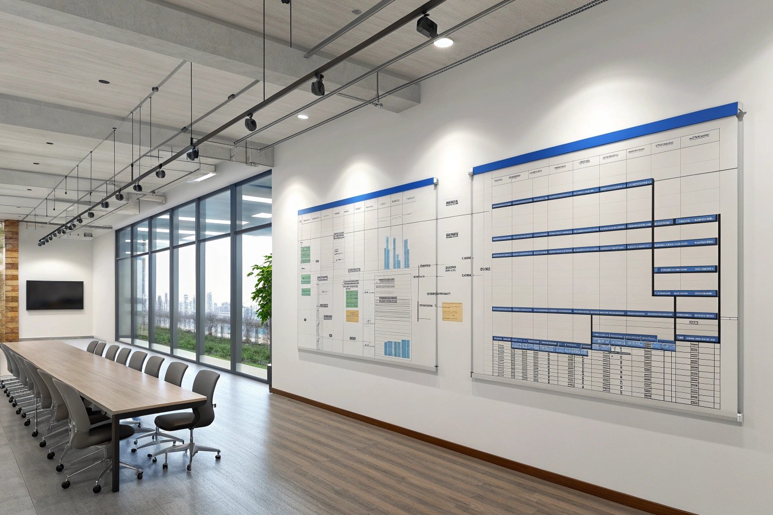 Modern conference room with timeline charts