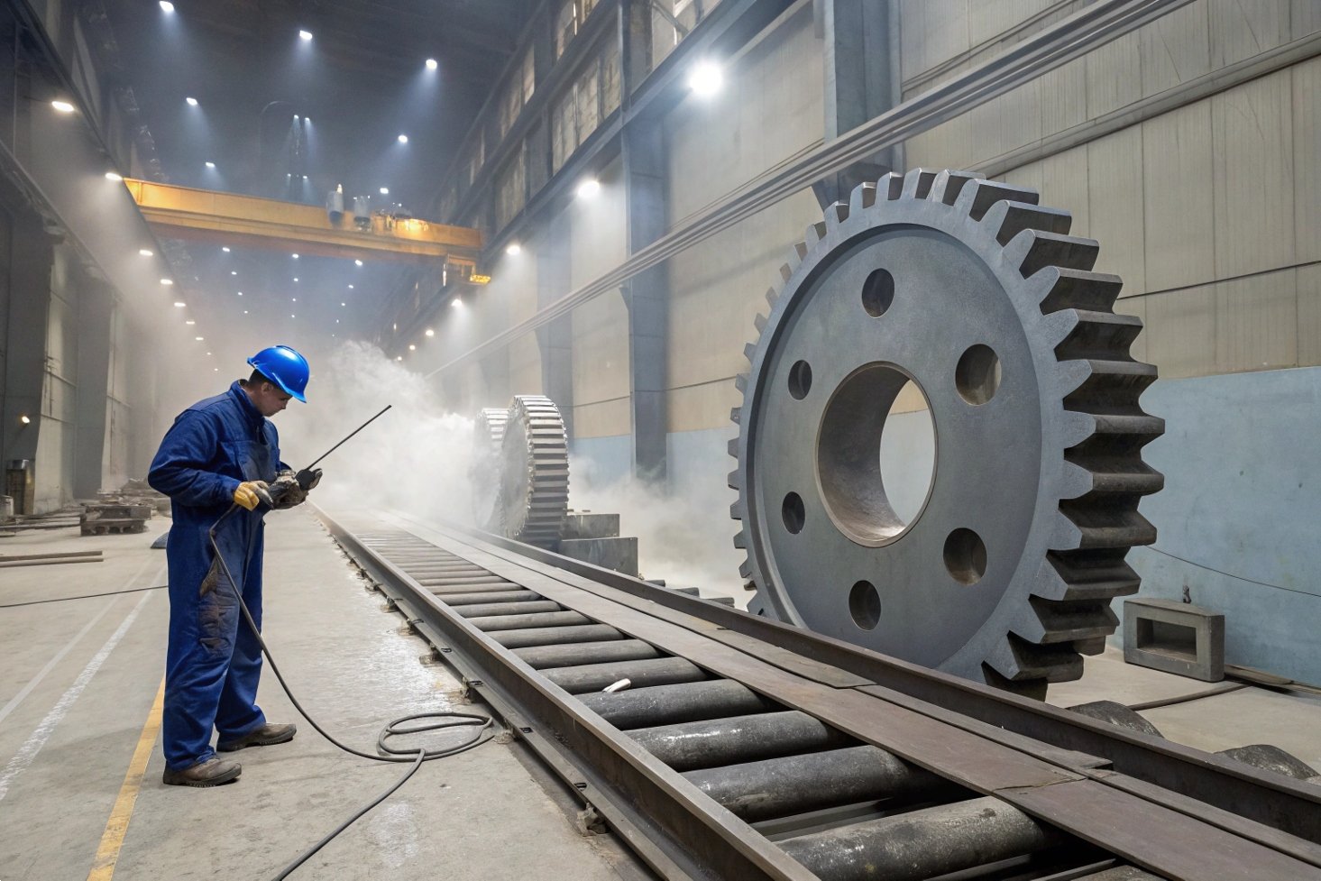 Worker spraying large gears in factory