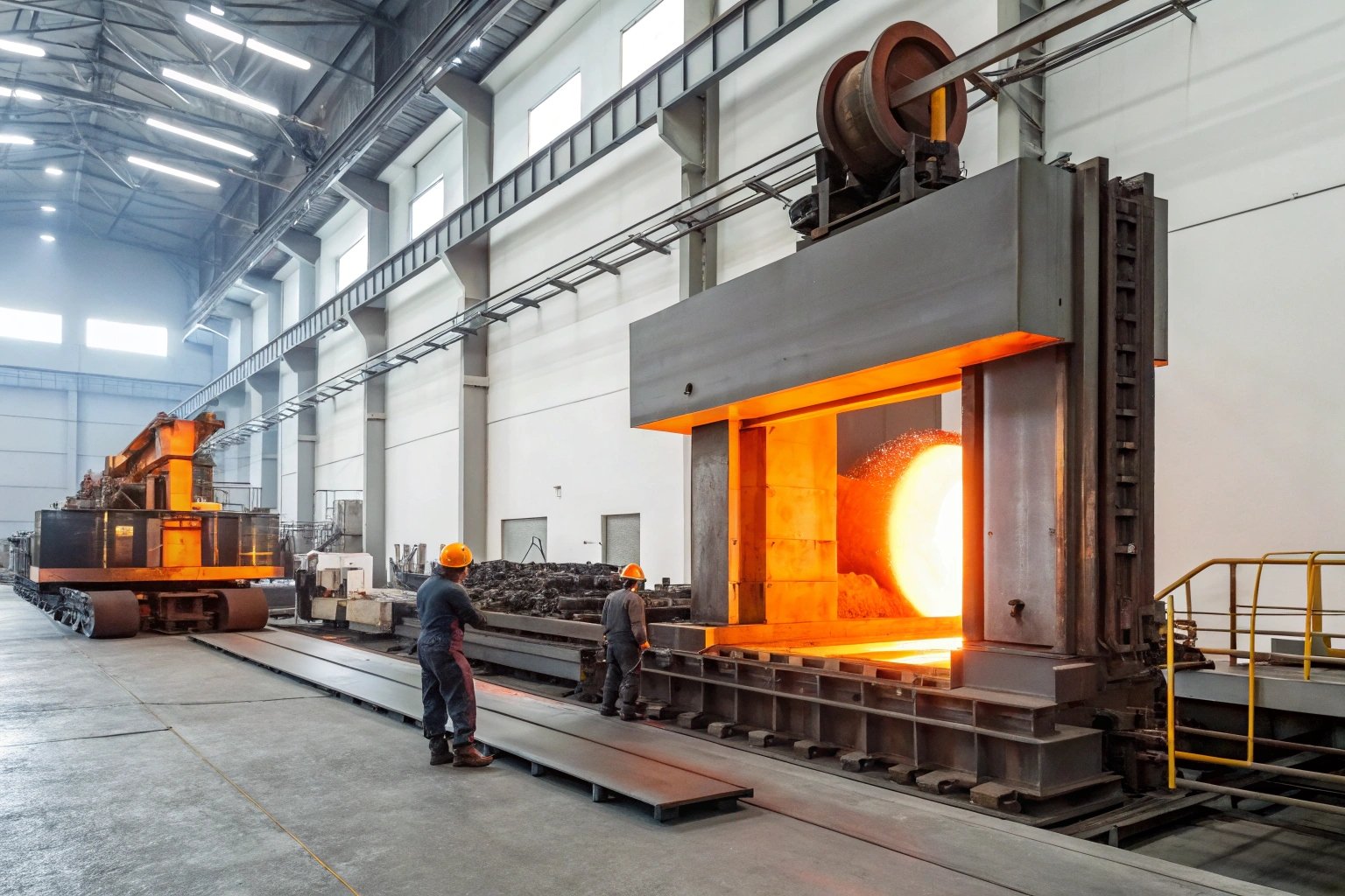 Foundry workers operating molten metal furnace in facility