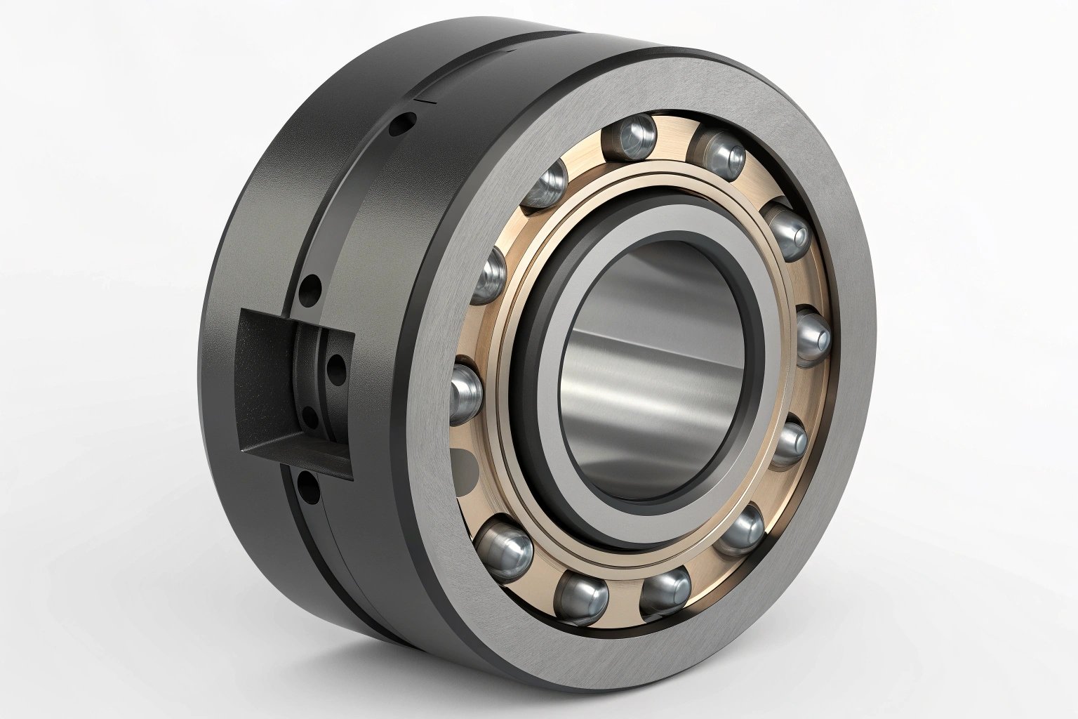 Detailed 3D render of a high-precision industrial ball bearing on a white background