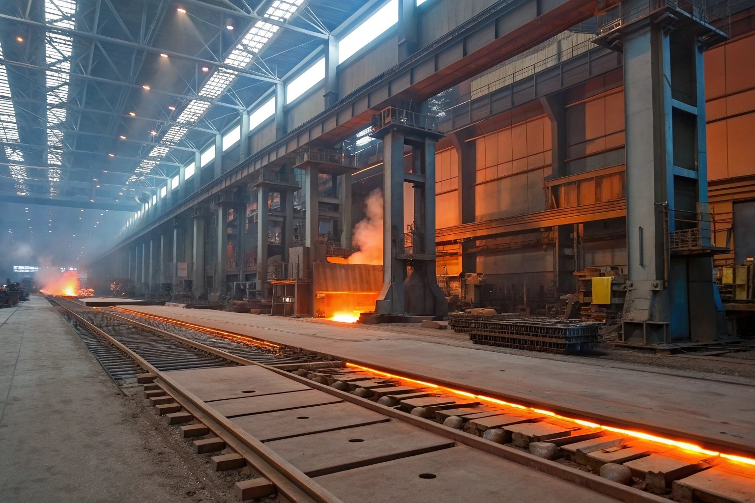 Steel manufacturing plant with glowing hot metal on conveyor