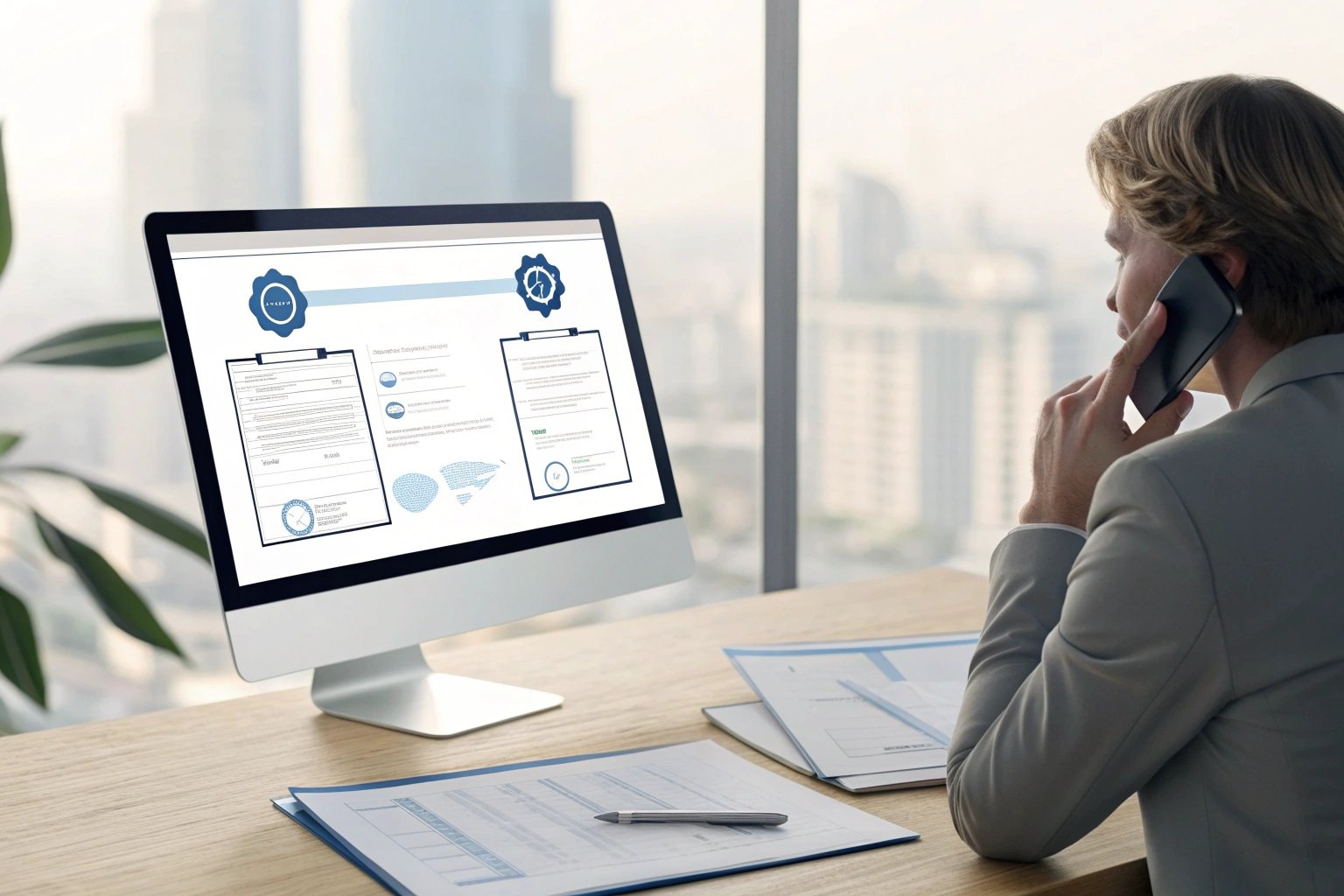 Business executive examines documents on computer during phone call (≤15 words)