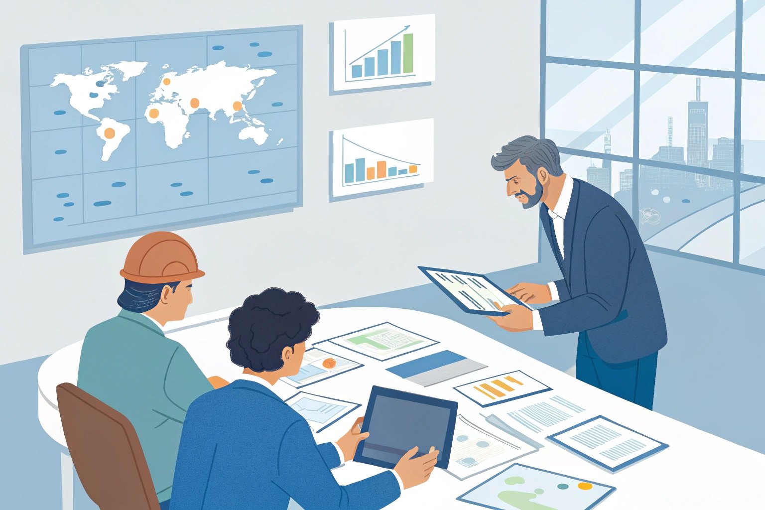 Business meeting with global statistics on wall charts