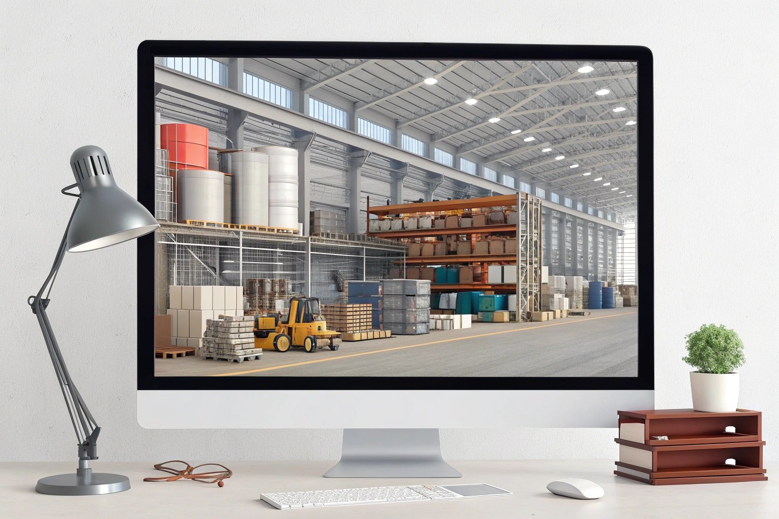 Desktop setup displaying a virtual warehouse environment