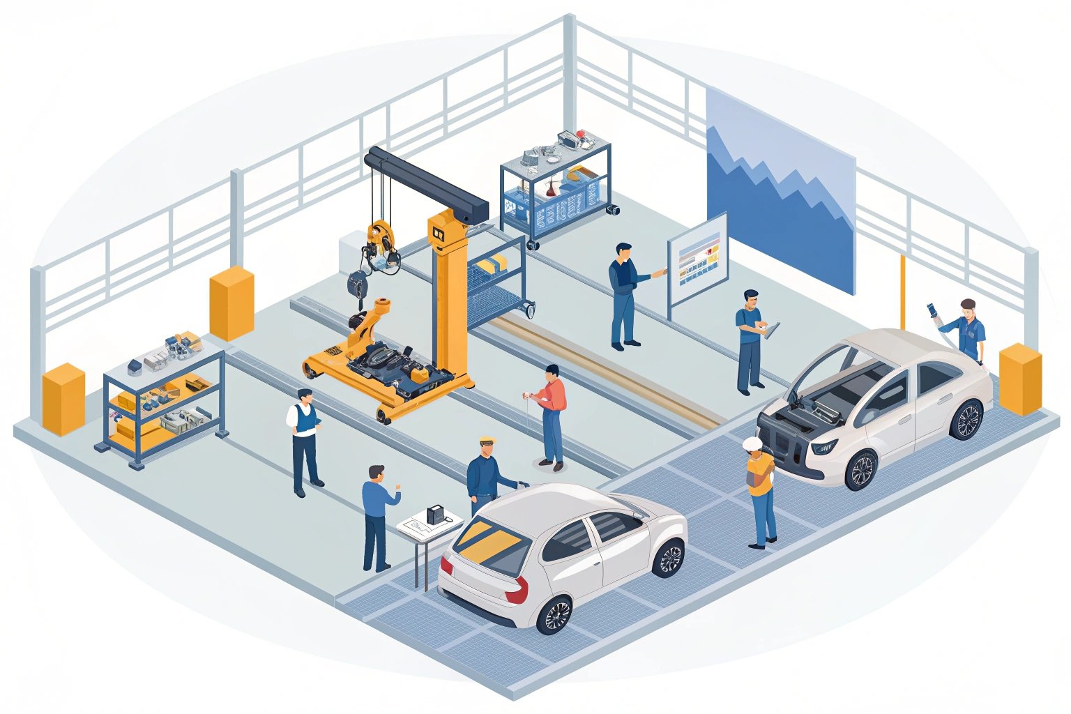 Illustration of car parts assembly line with employees
