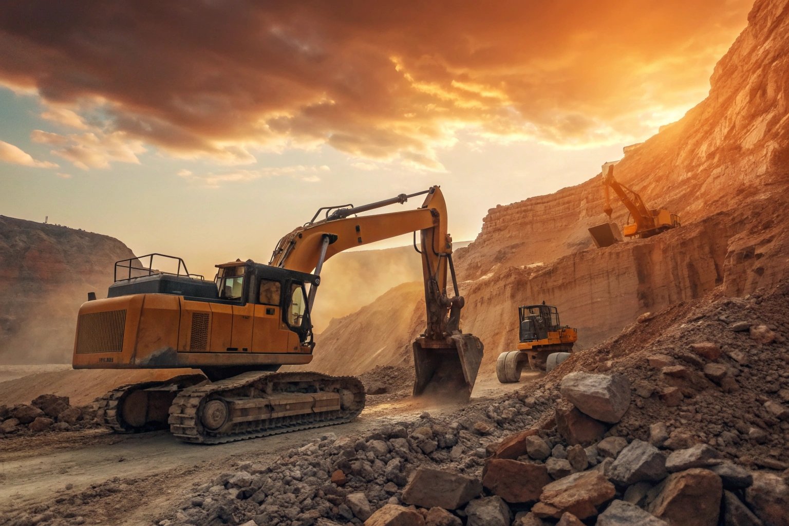 Excavators and loaders at work in sunset quarry