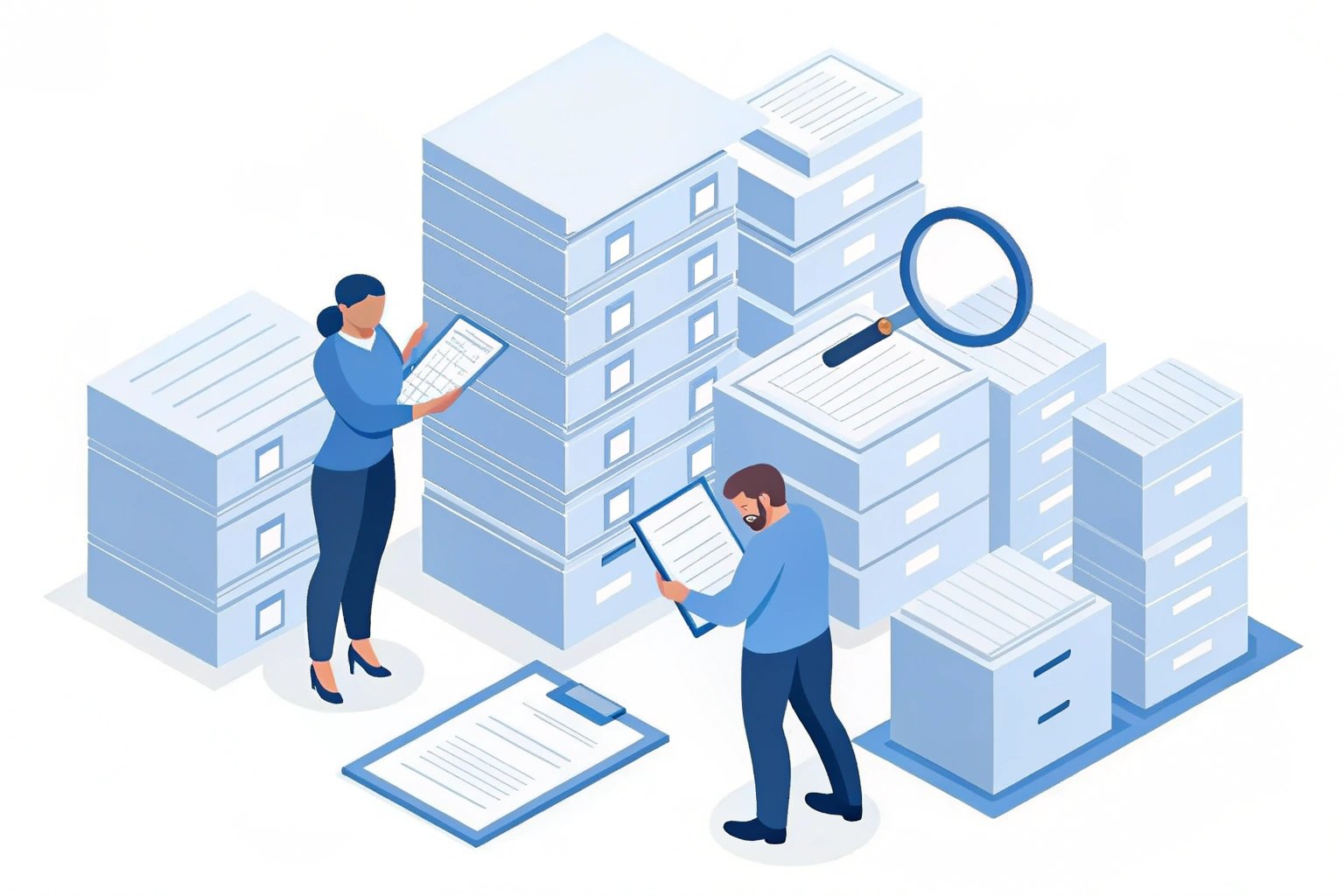 Illustration of two employees with checklists in archive of files