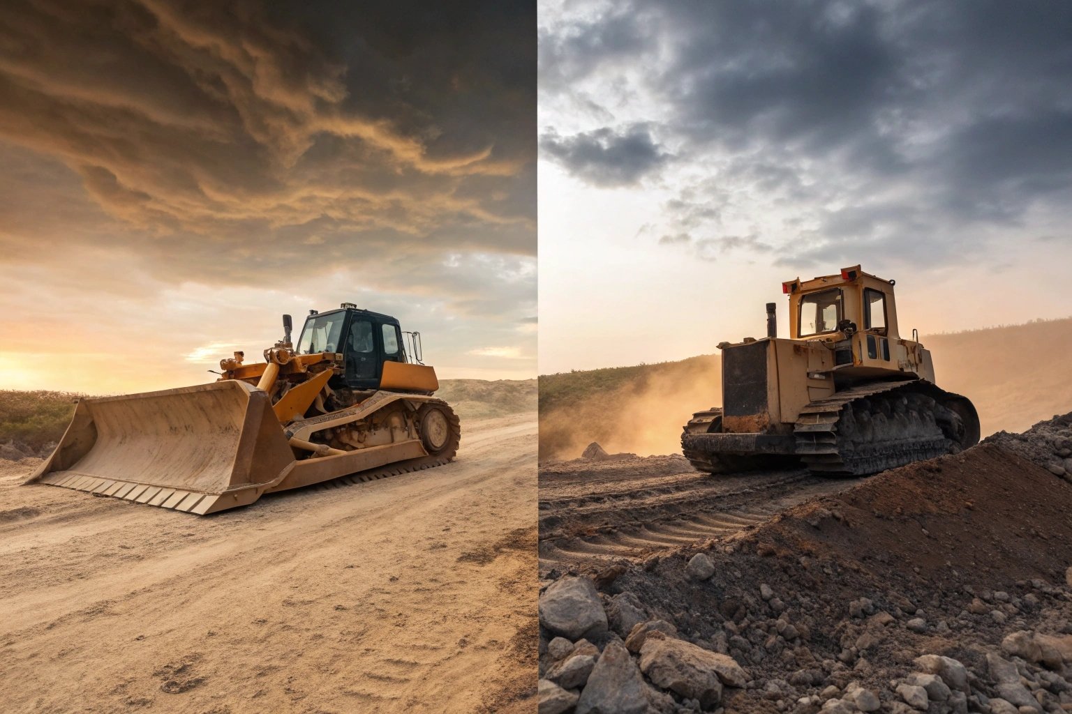 Heavy machinery working in dusty quarry with stormy sky