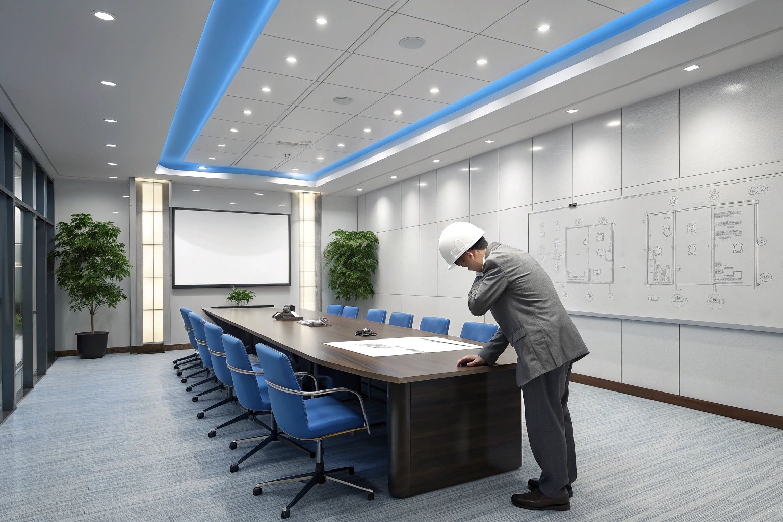 Businessman reviewing blueprints in formal meeting room